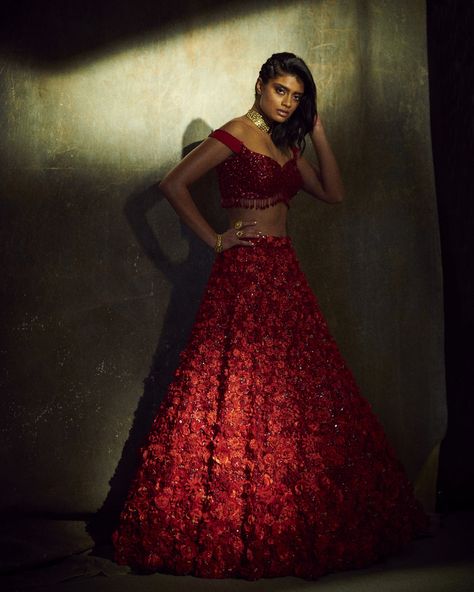 Off Shoulder Crimson Red Floral Bridal Lehenga | Seema Gujral Orang India, Seema Gujral, Floral Lehenga, Nikkah Dress, Bridal Lehenga Red, Red Lehenga, Lehenga Skirt, Embroidered Lehenga, Silk Lehenga