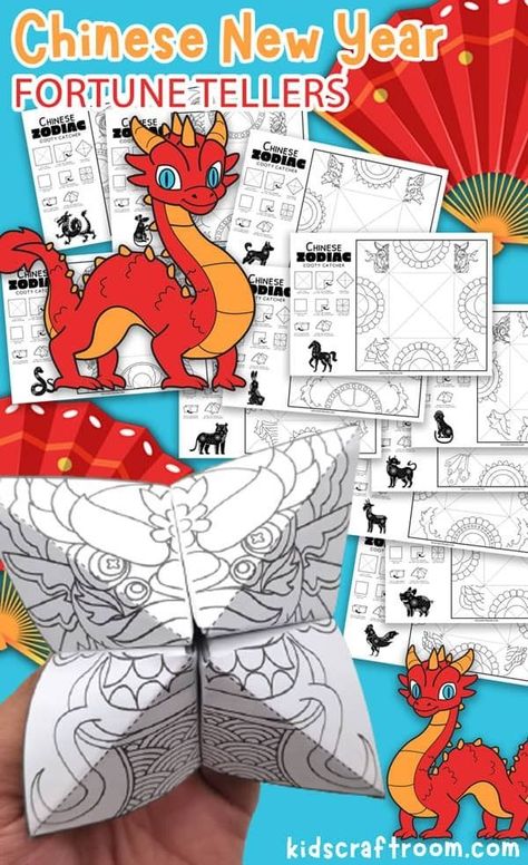 Enjoy Lunar New Year fun with our Chinese New Year Cootie Catcher: 12 FREE printable Chinese Zodiac animal coloring fortune tellers for kids! Cootie Catcher Template, News Years Crafts For Kids, Chinese New Year Crafts For Kids, Chinese New Year Activities, Cootie Catcher, Fortune Tellers, Chinese New Year Dragon, Kids Craft Room, Chinese Crafts