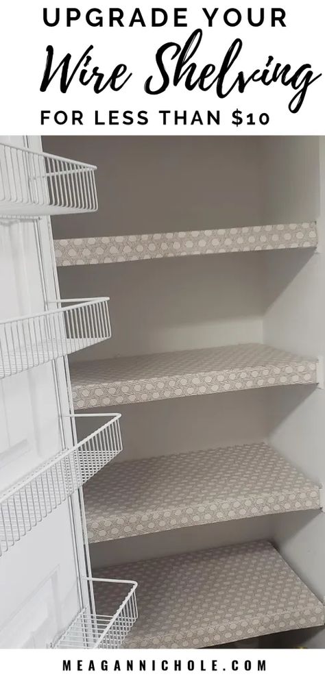 Pantry Wire Shelf Organization, Kitchen Pantry Wire Shelving Ideas, Wire Rack Closet Makeover, Small Pantry Organization Wire Shelves, Small Closet Wire Shelving Ideas, How To Cover Wire Shelving, Wire Rack Pantry Organization Ideas, Pantry Wire Shelf Makeover, Wire Shelving Pantry Organization