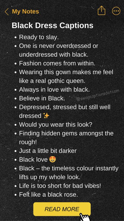 Transform your fashion photos with these perfect black dress captions for every fashion mood! Whether you're feeling elegant, edgy, or chic, our collection of captions will match your stylish vibes. From little black dress moments to sophisticated evening wear, find the ideal words to complement your look. Discover captions that celebrate your fashion sense and make your black dress photos stand out. Caption For Dress Instagram, Black Dress Quotes Instagram, Dress Quotes Instagram, Black Dress Captions For Instagram, Best Black Dress, Fashion Captions, Dress Captions, Caption For Boys, Elegant Edgy
