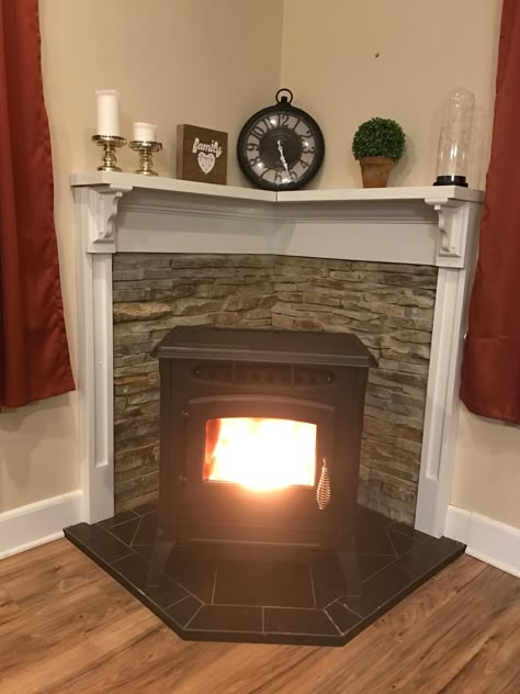 Pellet Stove  Stone  Wooden Mantle Corner Mantle, Pellet Stove Hearth, Wood Stove Decor, Fireplace Faux, Wood Burning Stove Corner, Corner Wood Stove, Wood Stove Surround, Corner Stove, Stove Decor