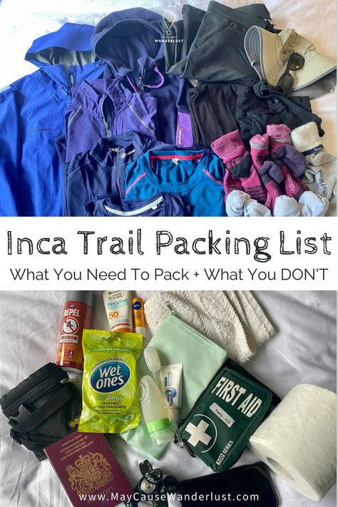 Before I did the Inca Trail, I agonized over what to pack, I bought a bunch of new gear. After doing the hike, I had learned some lessons about what was worth taking – and what was not. So I’m happy to share my hard-earned wisdom with you, to make your experience on the Inca Trail easier | Inca Trail Packing List | Packing For The Inca Trail | Inca Trail Pack List | What To Take On The Inca Trail | What To Pack For The Inca Trail Inca Trail Packing List Women, What To Pack For Peru, Inca Trail, Machu Pichu Hike, Inca Trail Packing List, Hiking List, Inca Trail Peru, International Travel Packing, Backpacking Outfits