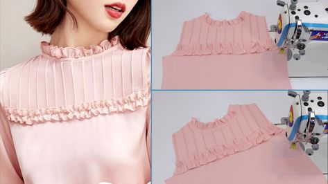 Basic Sewing Tutorials, Beautiful Neck Designs with Frill, Tips and Tricks Sewing, Sewing Techniques Neck Design Tutorial, How To Do Ruffles Sewing, Piping Techniques Sewing Neckline, Beautiful Neck Designs, Neck Design Sewing Hacks, How To Stich Collar Kurti, Diy Dresses, Women Tunic, Beautiful Neck