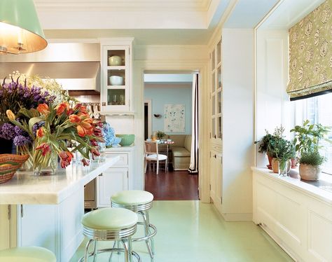 The 32 Most Beautiful Kitchens in Vogue | Vogue Rainbow Rooms, Awesome Kitchens, Mark D Sikes, Manhattan Apartment, Kitchen Details, Future Kitchen, Painted Floor, Green Flooring, Dream Kitchens