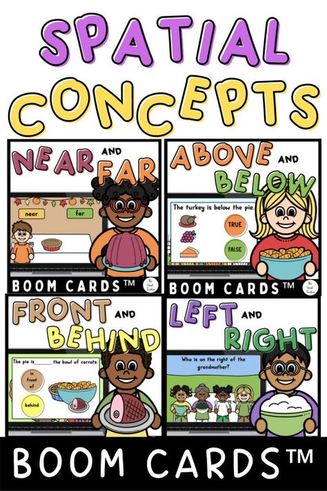 Spatial awareness and spatial relations allow children to locate objects and navigate successfully in their environments. This Thanksgiving Boom Cards™ bundle addresses the spatial concepts of ABOVE, BELOW, FRONT, BEHIND, LEFT, RIGHT, NEAR, and FAR. You can use this to practice prepositions with your students in the classroom or in speech therapy. This is a no-print and no-prep interactive activity and a self-grading exercise that will help you save lots of time! Spatial Concepts Preschool, Spatial Concepts, Preschool Activity, Free Math, Preschool Learning Activities, Interactive Activities, School Resources, Digital Activities, Preschool Art