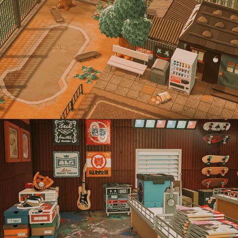 Kat (@katlantis.crossing) • Instagram photos and videos Acnh Record Store, Retro Transportation Stop Animal Crossing, Retro Animal Crossing Island, Road Code Acnh, Acnh Skate Park, Acnh Retro Designs, Acnh Gas Station, Acnh Retro, Acnh Rural