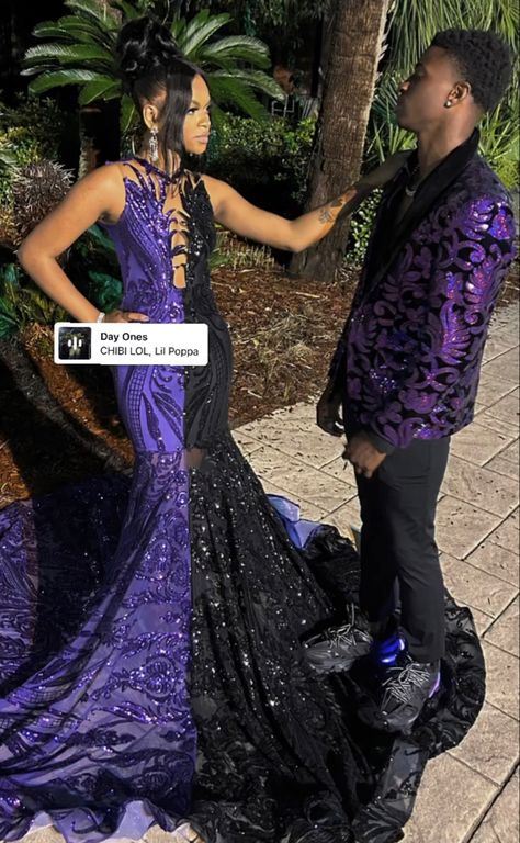 Purple And Black Prom Couple, Black And Purple Prom Dress, Purple And Black Prom Dress, Purple Prom Suit, Prom Couples Outfits, Prom Fits, Prom 2k24, Prom Pictures Couples Black, Prom Pictures Couples