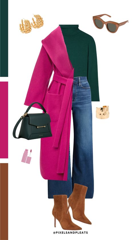 Quiet luxury with pop! Wide-leg jeans meet a cozy hunter green turtleneck for a casual yet sophisticated vibe. Layer up with a long pink belted coat for a touch of glamour. Complete pink and green outfit with a stylish green leather handbag, brown suede booties, chic nude shades, a bold gold cuff, and ornate hoop earrings for added flair. Perfect for those days when you want to feel both comfortable and chic! #CasualChic #EffortlessStyle #FashionInspiration Pink And Green Winter Outfit, Magenta Coat Outfit, Pink Booties Outfit, Hot Pink Trench Coat Outfit, Hot Pink Wool Coat Outfit, Chic Pink Fur Coat For Fall, Booties Outfit Winter, Chic Pink Faux Fur Coat, Pink Booties