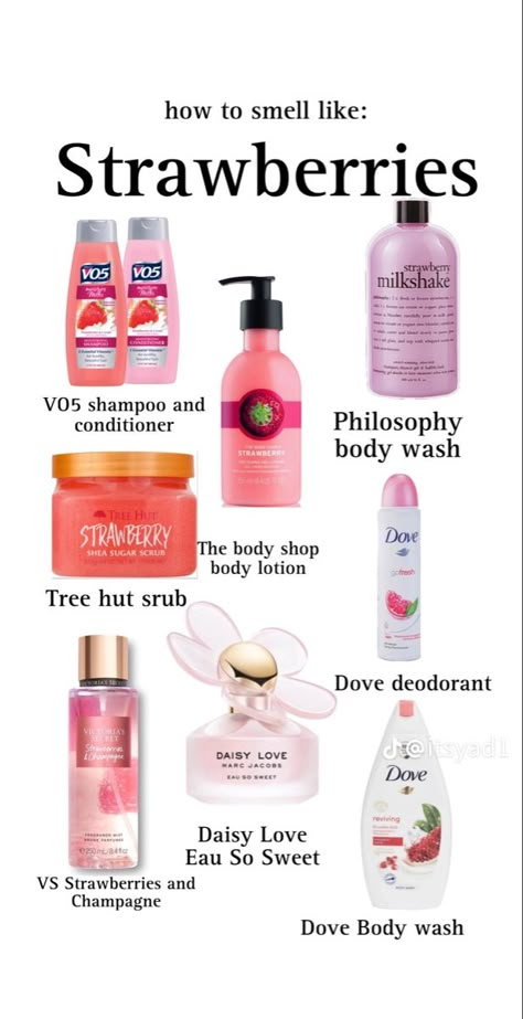 Dove Strawberry Body Wash, Strawberry Smell Aesthetic, Pov You Smell Like Strawberry, How To Smell Like Strawberries All Day, Strawberry Hygiene Products, Smell Like Strawberries, Strawberry Shampoo, Fruit Perfumes, Beauty Routine Tips