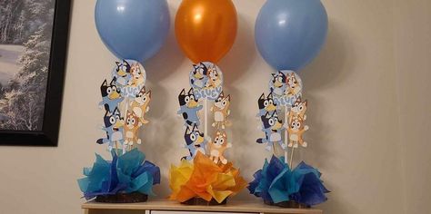 Bluey Table Centerpieces, Bluey Backdrop For Boy, Bluey Birthday Centerpieces, Bluey Centerpiece, Bluey Centerpiece Ideas, Bluey 3rd Birthday Party, Encanto Party Decor, Bluey 3rd Birthday, 2nd Birthday Bluey