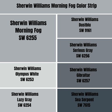 Sherwin Williams Morning Fog Color Strip Lazy Gray Sherwin Williams Bedrooms, Sherwin Williams Fog, Sherwin Williams Morning Fog, Morning Fog Sherwin Williams, Lazy Gray Sherwin Williams, Paint Corner, Farmhouse Rv, Lake Cottage Decor, Sherwin Williams Extra White