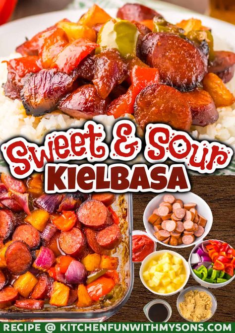 Sweet and Sour Kielbasa is a delicious recipe that combines sweet peppers with tart pineapple to create a flavor explosion. It’s baked to perfection in the oven with minimal prep time. Kielbasa Recipes Pineapple, Hawaiian Pineapple Sweet And Sour Smoked Sausage, Hawaiian Kielbasa Recipes, Keilbasa Recipes Pineapple, Kielbasa And Peppers Recipes, Sweet And Sour Kielbasa With Pineapple, Sweet And Sour Sausage Recipes, Keilbasa Recipes With Pineapple, Sourkrout And Kielbasa Recipe