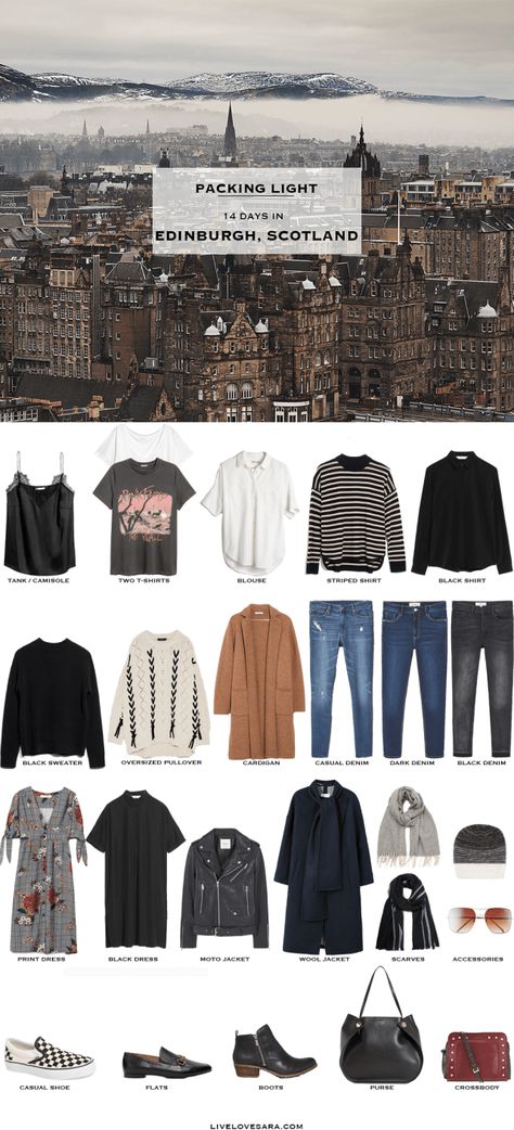 What to Pack for Edinburgh, Scotland Packing Light List #packinglight #packinglist #travelight #travel #traveltips #capsulewardrobe #capsule #livelovesara Scotland Fall Outfits, Travel Outfit Road Trips, Packing Outfits, Scotland Outfit, Scotland Packing List, Traveler Fashion, Edinburgh Fringe, Road Trip Outfit, Scotland Trip