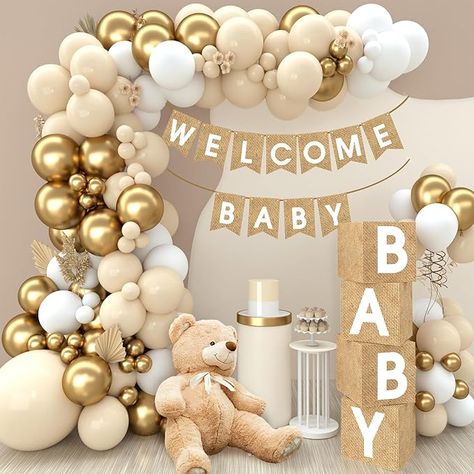 Mama Bear Baby Shower, Neutral Baby Shower Decorations, Teddy Bear Baby Shower Decorations, Boho Baby Shower Decorations, Baby Boy Balloons, Welcome Baby Party, Jordan Baby Shower, Gender Neutral Baby Shower Ideas, Welcome Baby Banner