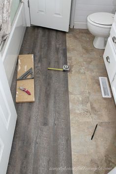 Cheap Bathroom Flooring, Small Bathroom Tile Ideas, Makeover Kamar Mandi, Floor Vinyl, Small Bathroom Tiles, Floor Makeover, Peel And Stick Floor, Cheap Bathrooms, Floor Remodel