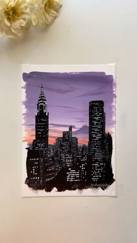 Painting Ideas On Canvas Buildings, Canvas Paint Tutorial, Building Painting Ideas, Building Painting Acrylic, Aesthetic Nature Painting, Building Paintings, Buildings Painting, Building Sketches, Manhattan Sunset