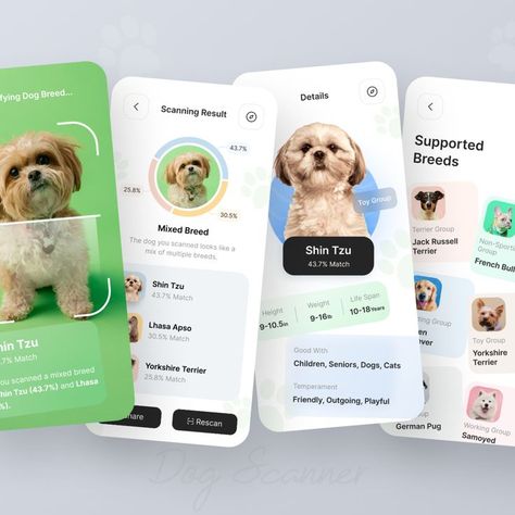 Dog Scanner - Breed Recognition App By MultiQoS Pet App Ui Design, Pet App Design, Dog Apps, Profile App, Ux Portfolio, Vet Hospital, Scan App, Design Exploration, Ux App Design