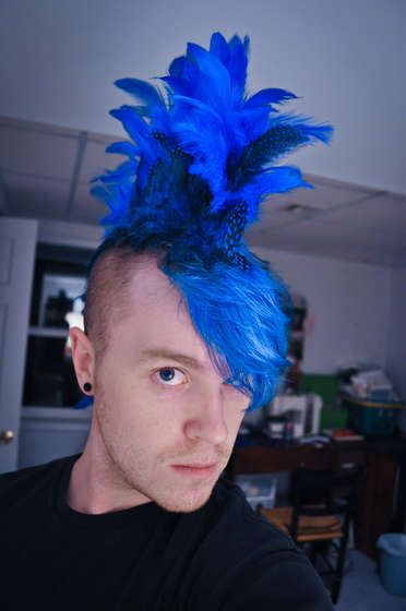 Haha! How to make your own feather mohawk. The general technique would probably adapt well to all kinds of headdresses. Short Box Braid, Faux Hawk Women, Feather Mohawk, Bird Costumes, Lion King Jr, Bird Costume, Mohawk Hairstyles, Faux Hawk, Halloween Hair