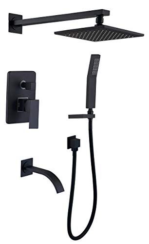 Black Bathroom Wall, Black Shower Faucet, Bathroom Shower Faucets, Matte Black Bathroom, Shower Installation, Shower Fixtures, Shower Faucet Sets, Bathroom Shower Tile, Rainfall Shower Head