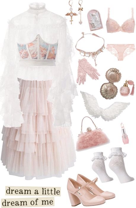 Angelcore Outfits Aesthetic, Heavenly Aesthetic Outfit, Skycore Outfits, Cloud Core Aesthetic Outfits, Angel Clothes Aesthetic, Auroracore Outfits, Cloudcore Aesthetic Outfits, Starflesh Outfit, Vintage Pastel Outfits