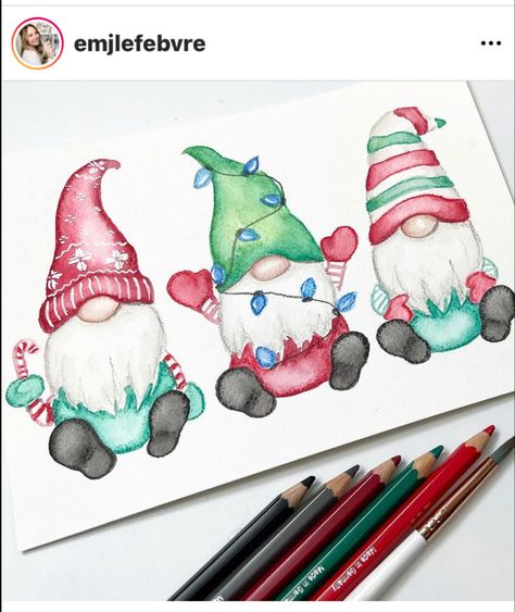 Christmas Gnome Watercolor, Watercolor Gnomes Christmas, Christmas Gnome Drawing, Christmas Gnomes Drawing, Christmas Gnomes Painting, Christmas Drawing Ideas Pencil, Gnome Christmas Cards, Watercolor Christmas Cards Diy, Gnome Watercolor