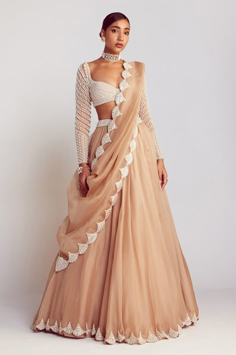 Buy Beige Blouse Georgette Embellished Pearls Sweetheart Neck Work Lehenga Set For Women by Vvani by Vani Vats Online at Aza Fashions. Beige Lehenga, Sweetheart Blouse, Vani Vats, Simple Lehenga, Trendy Outfits Indian, Organza Lehenga, Indian Outfits Lehenga, Lehenga Designs Simple, Pearl Chandelier