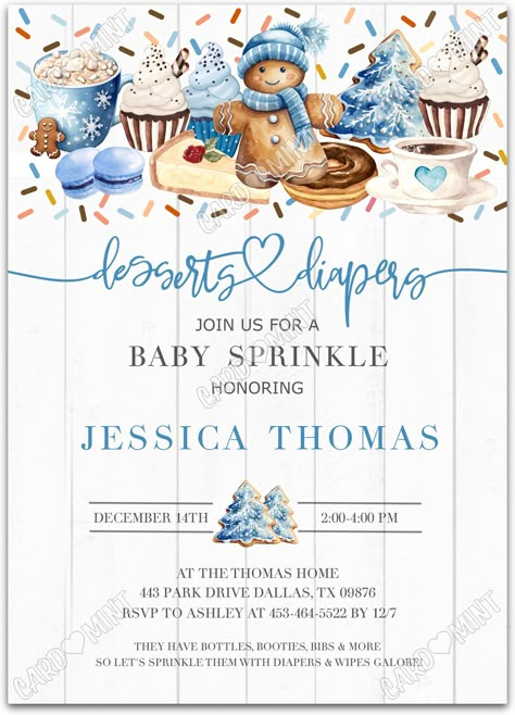 Quickly personalize. Includes matching thank you card.   Host a successful baby sprinkle starting with this winter gingerbread man white invite!   You can edit this product yourself, during and/or after purchase. Print or send as an Evite.  Image watermarks will be removed after purchase.  The dimensions are 5"x7". Baby Sprinkle Christmas Theme, Christmas Baby Sprinkle, Winter Baby Sprinkle Ideas, Boy Sprinkle Shower Ideas, Winter Baby Boy Shower Ideas, Baby Boy Sprinkle Themes, Baby Sprinkle Themes, Winter Baby Shower Ideas Themes, Baby Sprinkle Ideas For Boys