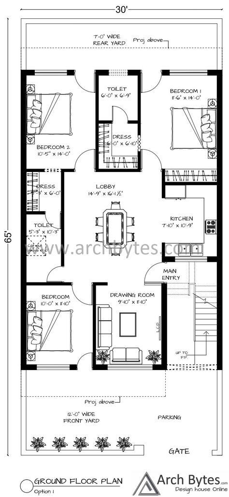 This is just a basic over View of the house plan for 30 x 65 feet. If you any query related to house designs feel free to Contact us at info@archbytes.com 30 60 Feet House Plan South Facing, 30x65 House Plans, 40x60 House Plan North Facing, 35x70 House Plans, 30 60 Feet House Plan, 30 X 60 House Plans Layout, 3bhk House Plan, Efficient House Plans, 40x60 House Plans