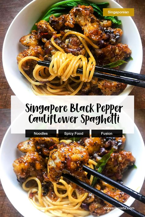 Vegan Singapore Recipes, Singapore Recipes Dishes, Black Pepper Cauliflower, Gaz Oakley Recipes, Vegan Pepper Recipes, Spaghetti Recipes Vegan, Vegan Singapore Noodles, Singapore Food Recipes, Plant Based Meat Recipes