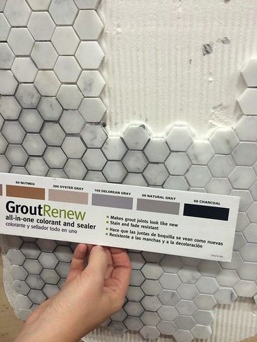 Marble Hexagon Tile Bathroom, Hexagon Shower Floor Tile, Hexagon Shower Floor, Hexagon Tile Bathroom Floor, Color Grout, Tile Grout Color, Grout Renew, Laundry Reno, Hexagon Tile Bathroom