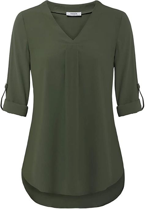 Youtalia Womens Blouses and Tops, Ladies Shirts Roll Sleeve Tunic Tops Chiffon V Neck Blouse Pleats Solid Color Business Tops for Women Army Green Small at Amazon Women’s Clothing store Floral Chiffon Top, Casual Blouse Shirts, Women Chiffon Blouse, Color Blouse, Cuffed Sleeve, Casual Tunics, Chiffon Material, V Neck Top, Blouse Shirt