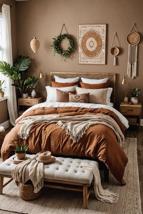 Rust Colored Bedding Bedroom, Bedroom Style Ideas Bohemian, Fall Colored Bedroom, Earth Tone House Interior, Bedroom Inspirations 2024, Earth Tone Apartment Decor, Cozy Boho Bedroom Inspiration, Earth Bedroom Aesthetic, Cozy Bedroom Brown