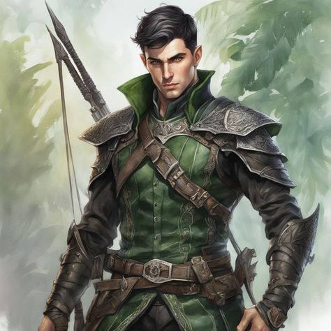 Fantasy elf mercenary with green eyes and Black short hair by Anna Harte - Playground AI Male Short Hair, Half Dark Elf, Green Haired Elf Male, Black Haired Elf Male, Fantasy Male Green Eyes, Wood Elf Ranger Art, Black Short Hair, Fantasy Elf, Fair Costume