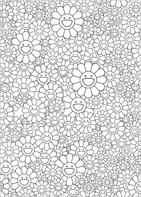 Coloring page inspired by a work by Japanese artist Takashi Murakami (style : Superflat). Happy flowers ! Aesthetic Colouring Pages Printable, Takashi Murakami Flower, Printable Flower Coloring Pages, Murakami Flower, Superflat, Detailed Coloring Pages, Adult Coloring Book Pages, Unicorn Coloring Pages, Takashi Murakami