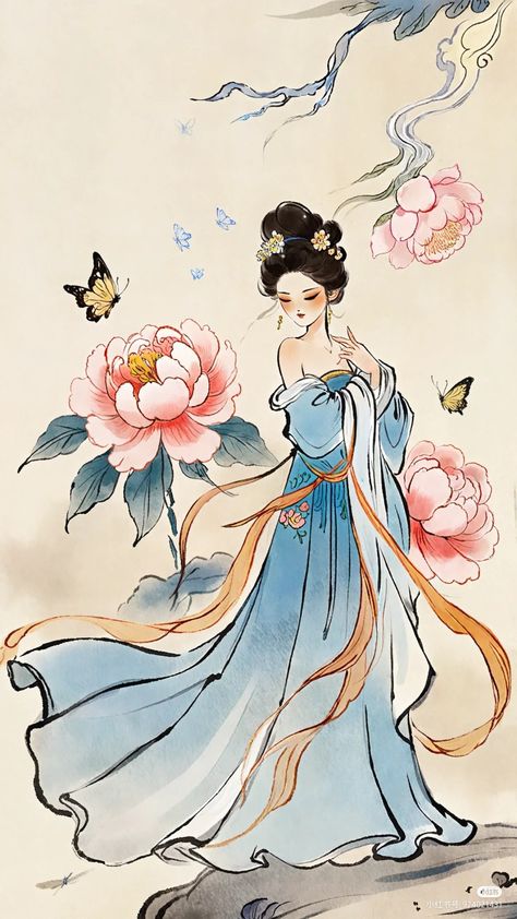 Chinese Fairy Art, Chinese Culture Drawing, China Culture Art, Chinese Concubine Art, Chinese Drawing Ideas, China Art Illustration, Korean Traditional Aesthetic, Chinese Fan Drawing, Japanese Princess Art