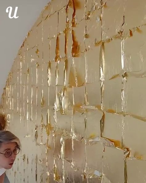 Ultimate - Covering Entire House In Gold Wrap | Facebook Gold Leaf Interior, Gold Flake Art, Snog Marry Avoid, Metallic Paint Walls, Metallic Painting, Gold Leaf Wall, Faux Walls, Cracked Wall, Gold Art Painting