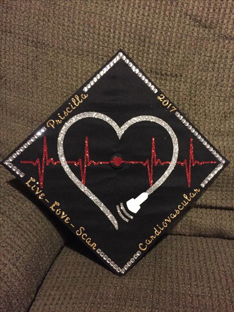 My graduation cap! Cardiovascular Graduation Cap, Ultrasound Graduation Cap Ideas, Cardiac Sonography Graduation Cap, Dms Graduation Cap, Graduation Cap Designs Medical School, Rdms Grad Cap, Sonography Cap Decoration, Cardiac Graduation Cap, Ultrasound Grad Cap