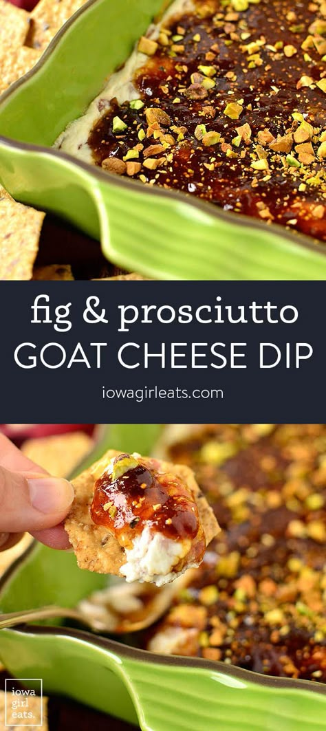 Warm Fig and Prosciutto Goat Cheese Dip is like a cheese board in dippable form and warms in just 10 minutes. Serve this easy cream cheese dip recipe for any occasion! iowagirleats.com keywords: dip recipes, dip recipes easy, dip recipes for parties, appetizer recipes easy, gluten free dip recipes Party Food Gluten Free, Goat Cheese And Prosciutto, Prosciutto Goat Cheese, Fig And Prosciutto, Gluten Free Dips, Goat Cheese Dip, Gluten Free Sauces, Easy Dip, Goat Cheese Recipes