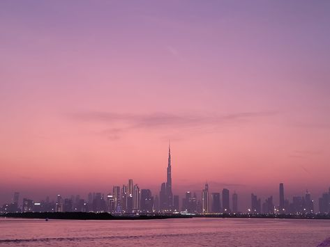 dubai, burj khalifa, sunset, moon, night lights, skyline, water, stunning - 2022 Dubai Pink Aesthetic, Pink Skyline, Dubai Sunset, Dubai Burj Khalifa, Dubai Skyline, Dubai Aesthetic, Pink Laptop, Macbook Wallpaper, Pink Sunset