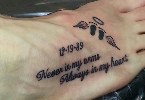 RIP unborn baby tattoo Rip Baby Tattoos, Tattoo For Lost Baby, Lost Baby Tattoo, Serious Tattoos, Baby Tattoo Ideas, Footprint Tattoos, Baby Memorial Tattoos, Baby Angel Tattoo