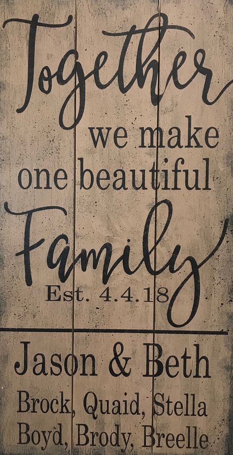 Wall sign perfect piece for the blended family -Made of wood -Pallet style -Available in several sizes -Background is Tan - hand painted and sanded for a vintage look -Lettering is Black - printed using high quality UV ink -Sealed with a water based finish -Back is left unfinished and comes ready to hang. No additional hardware is needed Blended Family Signs, Cricut Wood, Blended Family Quotes, Blended Family Wedding, Chic Tattoo, Family Wood Signs, Diy Wedding Gifts, Family Wall Decor, Picture Boards