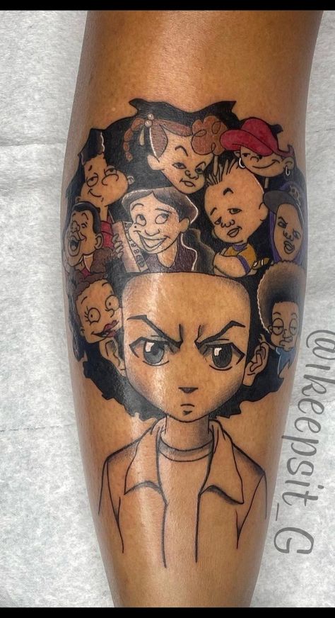 Riley And Huey Tattoo Designs, Anime Tattoos Black People, The Boondocks Tattoo Ideas, Boondocks Tattoo Stencil, Riley Boondocks Tattoo, Nickelodeon Tattoos, Boondocks Tattoo Designs, Boondocks Tattoo, Money Rose Tattoo