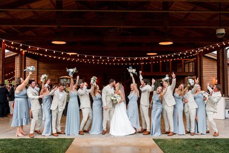 Wedding Party Beige Suits, Beige Groomsmen Suits Blue Bridesmaid Dresses, Bridal Party Photos Blue Dresses, Blue Bridesmaid With Groomsmen, Tan Suit Blue Bridesmaid Dress, Light Blue Bridesmaid Tan Groomsmen, Blue Bridesmaids Dresses With Groomsmen, Groomsmen Tux Colors, Light Blue Suit Wedding Party