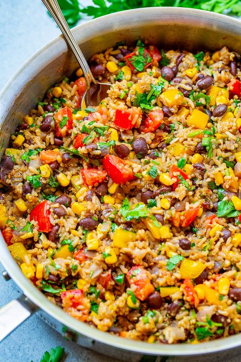 Mexican Rice, Beans, and Quinoa Medley - Averie Cooks January Meals, Spanish Rice And Beans, Rice And Beans Recipe, Clean Eating Salads, Averie Cooks, Sides Recipes, Rice Beans, Rice And Beans, Mexican Rice