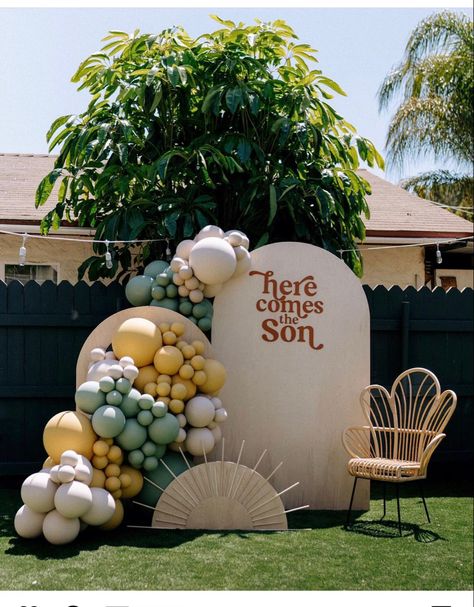 Sunshine Balloon Backdrop, Here Comes The Son Balloon Backdrop, 70s Themed Gender Reveal, Here Comes The Son Balloon Garland, Gender Reveal Birthday Party, Here Comes The Son Shower Decor, Here Comes The Son Photo Backdrop, Here Comes The Sun Balloons, Here Comes The Son Balloons