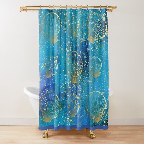 Get my art printed on awesome products. Support me at Redbubble #RBandME: https://www.redbubble.com/i/shower-curtain/Blue-And-Gold-Glitter-Seashell-Pattern-by-SeaStarAlex/163001569.YH6LW?asc=u Seashell Pattern, Seashells Patterns, Pattern Shower Curtain, Patterned Shower Curtain, Teal And Gold, Dog Mat, Curtains For Sale, Bathroom Shower Curtains, Designer Shower Curtains