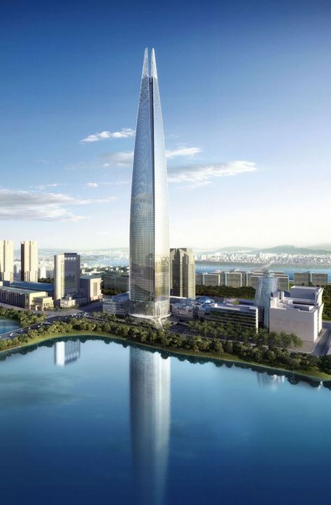 Lotte World Tower, Seoul, South Korea - World of Architecture Lotte World Seoul, Places In South Korea, Lotte World Tower, Shanghai Tower, Construction Images, Lotte World, Official Residence, Korean Peninsula, Tall Buildings