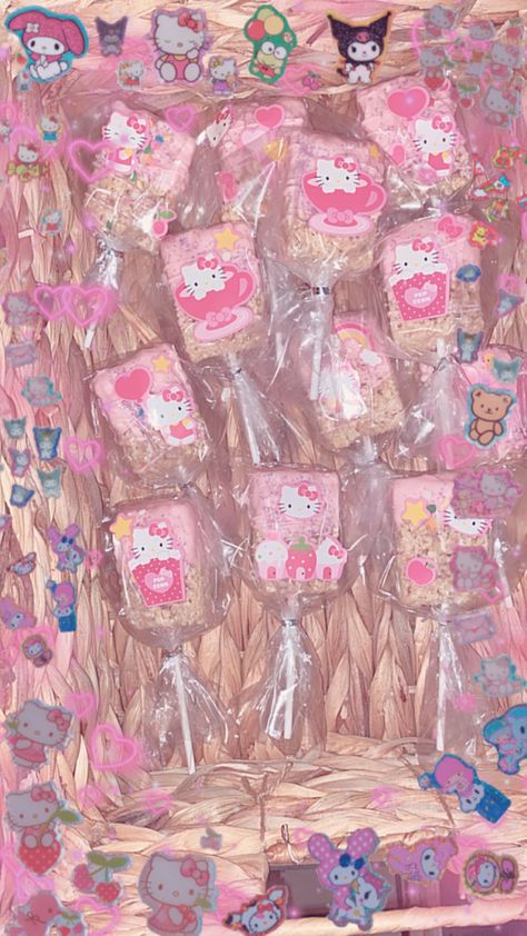 Hello Kitty Food Ideas Parties, Hello Kitty Rice Krispie Treats, Hello Kitty Themed Desserts, Sanrio Party Theme Ideas, Hello Kitty Sanrio Birthday Party Ideas, Sanrio Birthday Treats, Hello Kitty Snack Table, Hello Kitty Treats Sweets, Hello Kitty Party Food Ideas