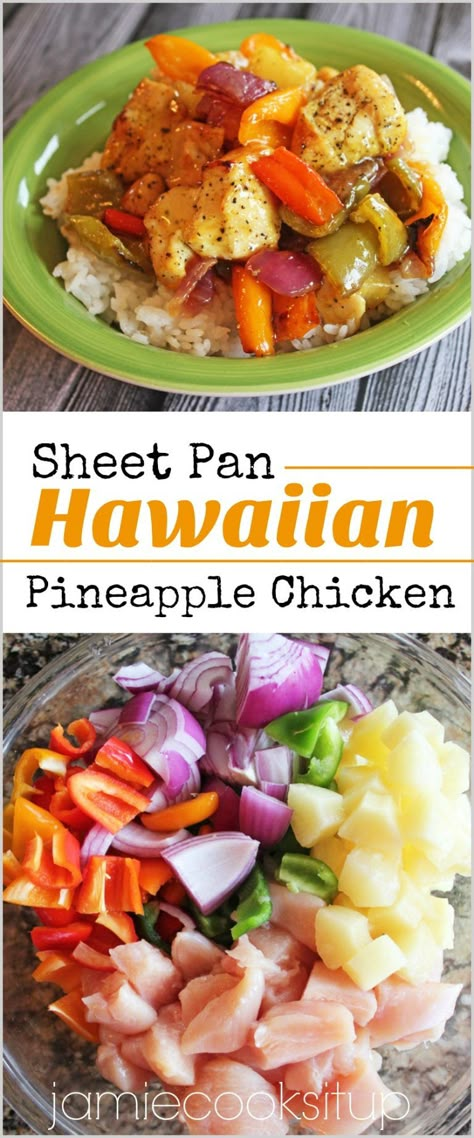 http://jamiecooksitup.net/2017/05/sheet-pan-hawaiian-pineapple-chicken/ Hawaiian Pineapple Chicken, Sheet Pan Dinners Recipes, Clean Eating Recipes For Dinner, Diner Recept, Pineapple Chicken, Clean Eating Dinner, Health Dinner Recipes, Sheet Pan Dinners, Idee Pasto Sano