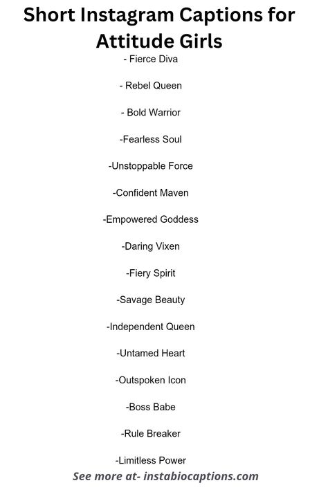 Discover a collection of sassy and empowering short Instagram captions for attitude girls. Level up your social media game with these bold and confident captions that reflect your unique personality. Let your attitude shine through your posts and leave a lasting impression on your followers. Unleash your inner diva with these handpicked captions perfect for fierce and independent girls. Get ready to slay the Instagram game like a true queen! Sassy Captions For Women, Confidence Quotes For Women Short, Attitude Girl Captions, Slay Comments For Instagram, Savage Captions Sassy, Bold Captions For Instagram For Women, Slay Queen Quotes, Unique Comments For Instagram Post, Confident Women Captions